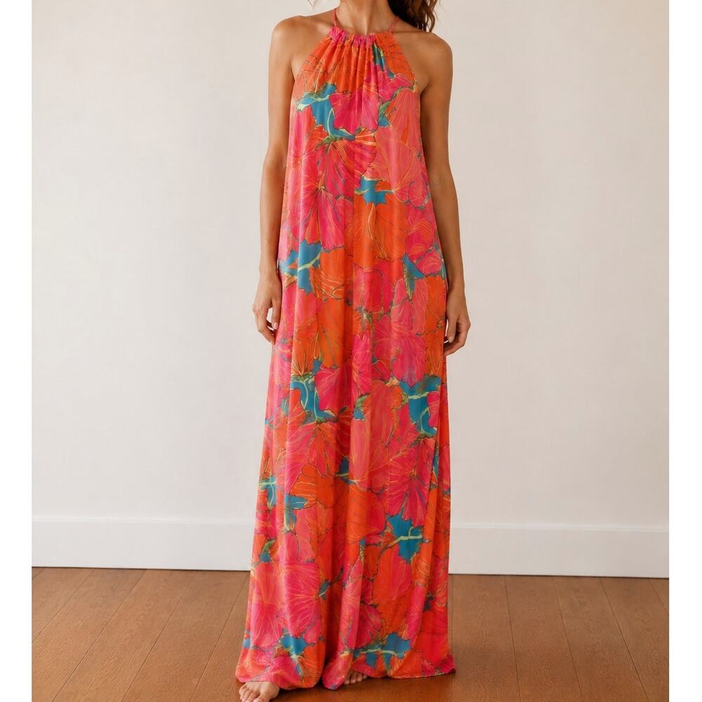Trina Turk Milan Gingko Floral Multi Drawstring Halter Neck Maxi Dress Large